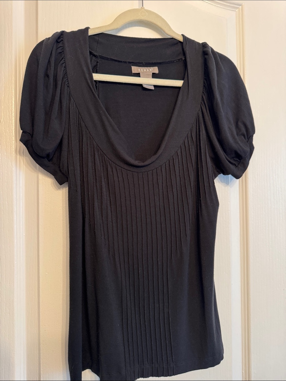Kenar Black Pleated Scoop Neck Short Sleeve Top